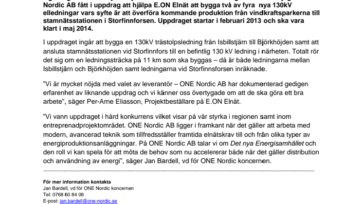 ONE Nordic AB bygger 11 km nya 130 kV ledningar från vindkraftparker till Storfinnforsen åt E.ON Elnät