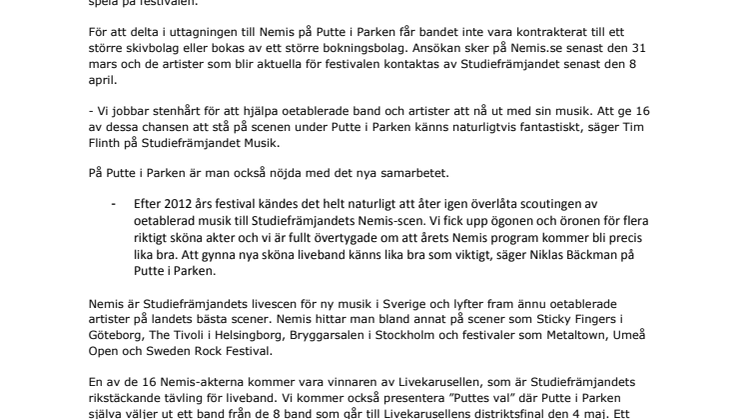 Studiefrämjandet bokar ny musik på Putte i Parken
