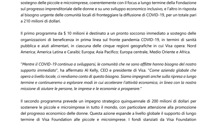 Visa Foundation stanzia 210 milioni di dollari a supporto delle micro e piccole imprese e di soccorso immediato all’emergenza COVID-19 