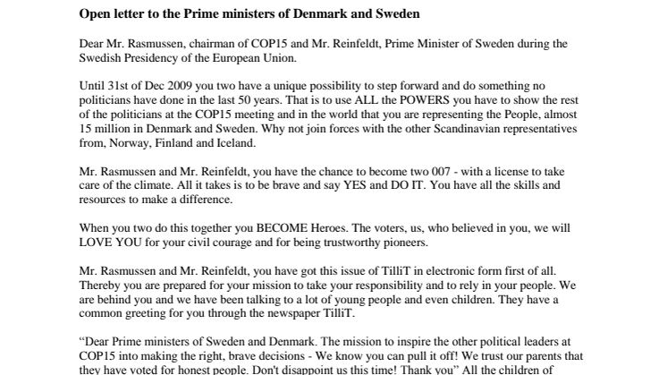 COP 15 - Open letter to  Mr. Rasmussen and Mr. Reinfeldt