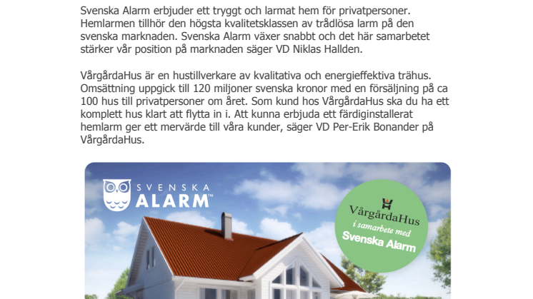 Svenska Alarm skriver exklusivt avtal med VårgårdaHus