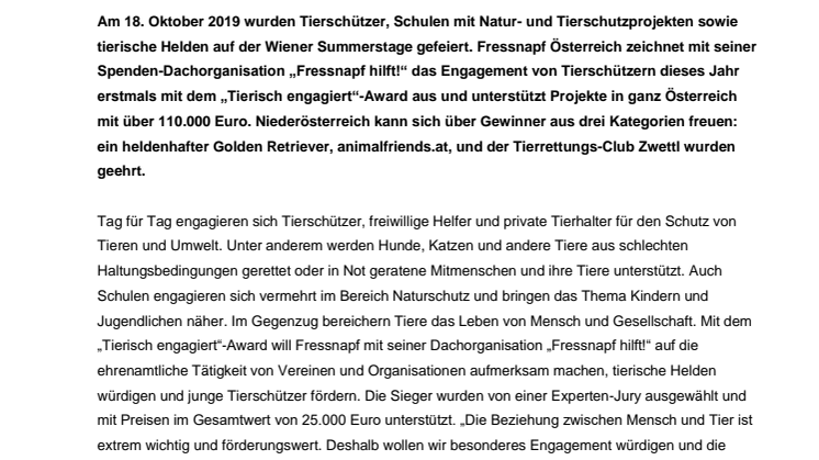 „Tierisch engagiert“-Award ehrt Golden Retriever Iouri, Tierrettungs-Club Zwettl und animalfriends.at