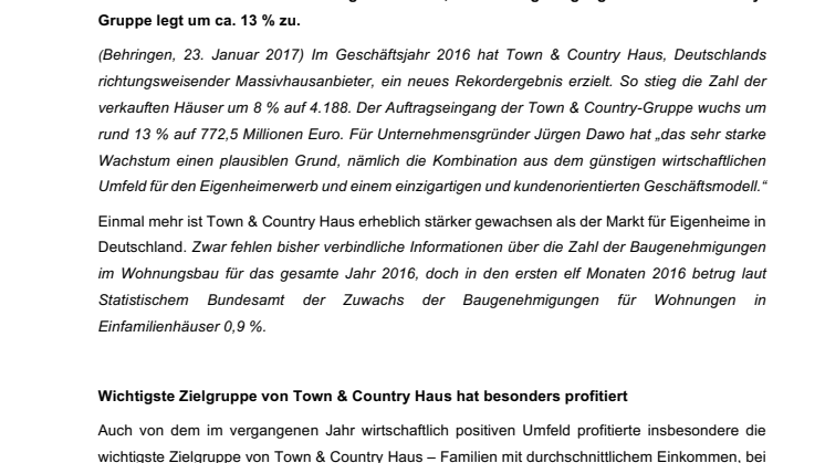 Town & Country Haus: Geschäftsjahr 2016 auf Rekordniveau