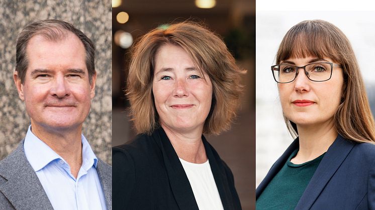 Mårten Lilja, vice vd på Riksbyggen, Johanna Frelin, vd för Riksbyggen och Johanna Bjurskog, bostadspolitisk expert på Riksbyggen.