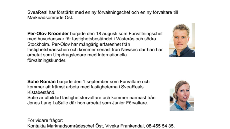 Per-Olov Kroonder och Sofie Roman till SveaReal i Öst 