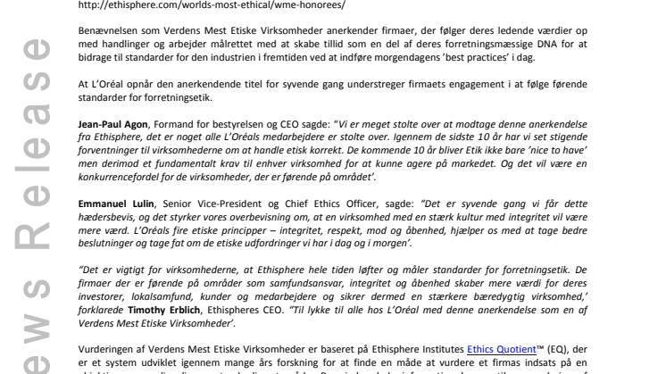 L'Oréal valgt som et af verdens mest etiske firmaer