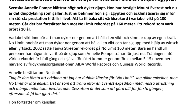Världsrekordförsök och No Limit dyk för svenska Annelie Pompe i Egypten