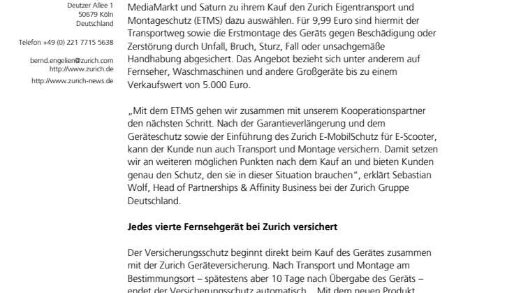 Erweiterung der Partnerschaft: Zurich bietet neues Produkt bei MediaMarkt und Saturn an