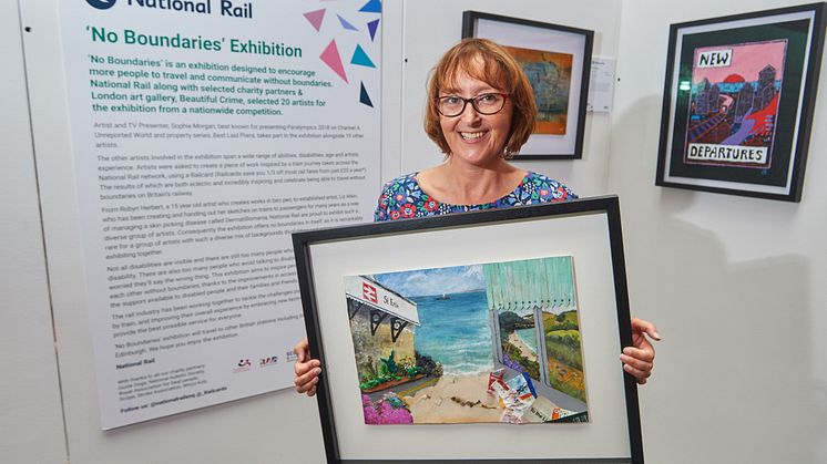 Artist Emma Johns and her artwork 'To the Lighthouse', which has been produced for the National Rail 'No Boundaries' exhibition