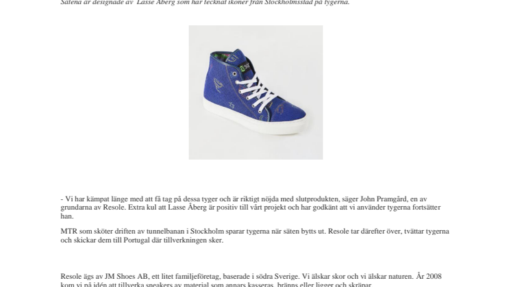 Resole lanserar Lasse Åberg sneakers av återvunna tågsäten