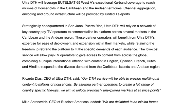 EUTELSAT 65 West A selected by Ultra DTH for new pay-TV platform across the Caribbean and the Andean region