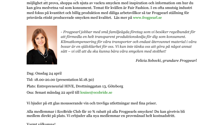 Inbjudan 24 april: Fair Fashion - Smyckekväll med Frogpearl och EcoBride