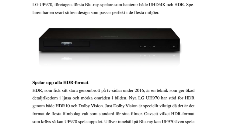 LG lanserar UP970, företagets första Blu-ray-spelare för UHD och HDR 