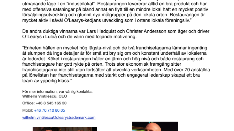 O ́Learys utsåg två Årets Franchisetagare under FrannyGalan