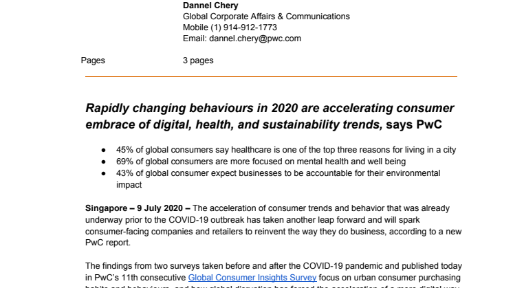 Rapidly changing behaviours in 2020 are accelerating consumer embrace of digital, health, and sustainability trends, says PwC