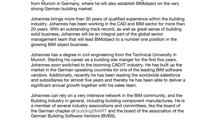 Senior industry leader Johannes Reischböck joins BIMobject