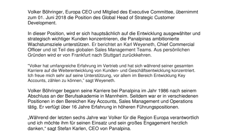 Volker Böhringer übernimmt neue strategische Rolle innerhalb Panalpina