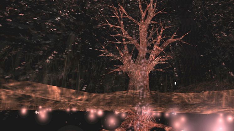 Fotografisk Center_ Char Davies. Tree Pond, Osmose (1995). Digital still captured in real-time through HMD (head-mounted display) during live performance of immersive virtual environment Osmose.