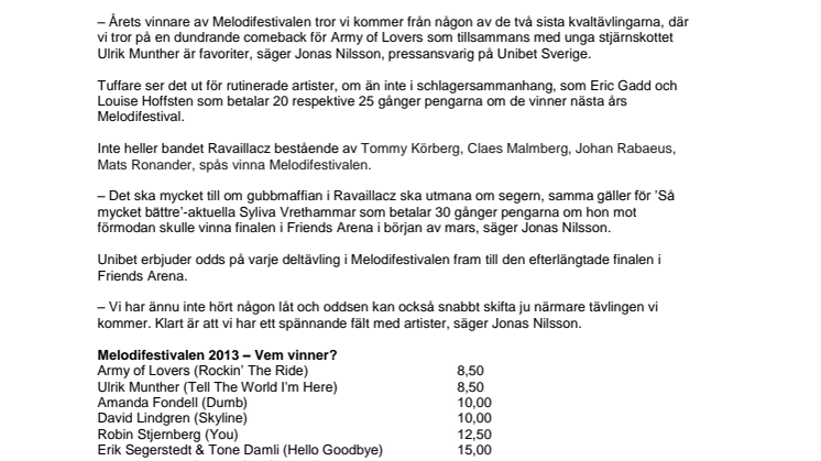 Melodifestivalen 2013: Army of Lovers och Ulrik Munther favoriter att vinna Melodifestivalen