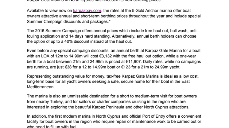 Karpaz Gate Marina:Releases New Berthing Prices
