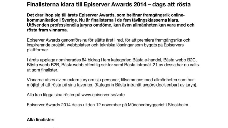 Finalisterna klara till Episerver Awards 2014 – dags att rösta
