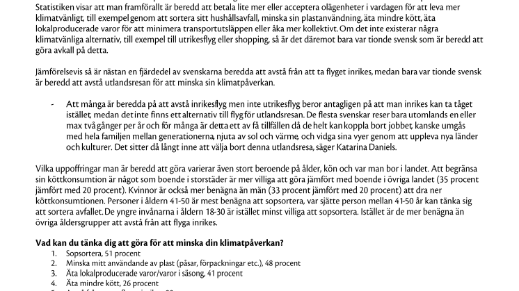 Många beredda att förändra sitt beteende för att minska klimatpåverkan – få vill avstå utlandsresan