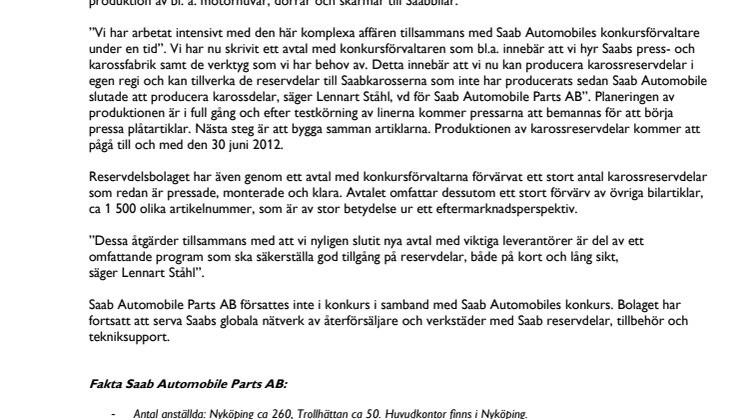 Saab Automobile Parts AB startar produktion av karossreservdelar