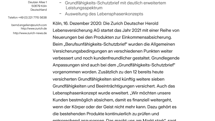 Einkommenssicherung im Fokus: Zurich startet 2021 mit verbesserten Biometrie-Produkten