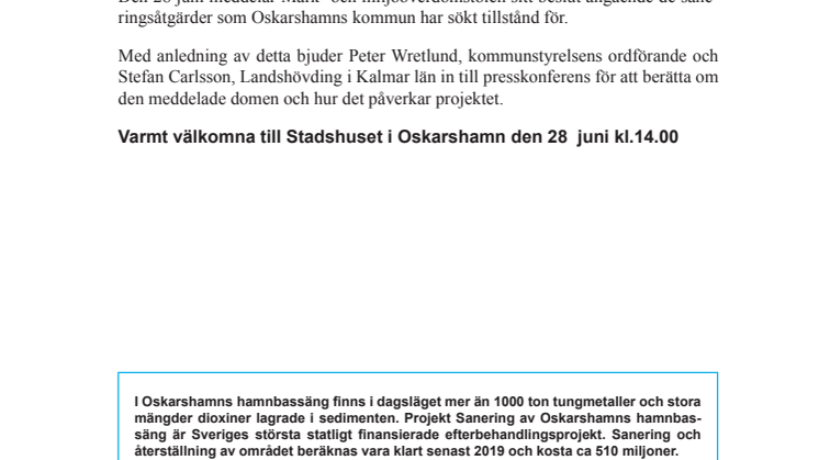 Oskarshamns kommun bjuder in till presskonferens om hamnsanering