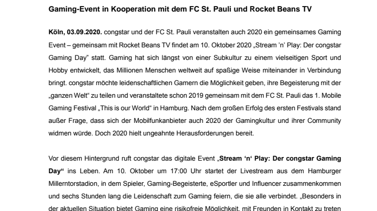 „Stream ’n’ Play: Der congstar Gaming Day” am 10.10.20