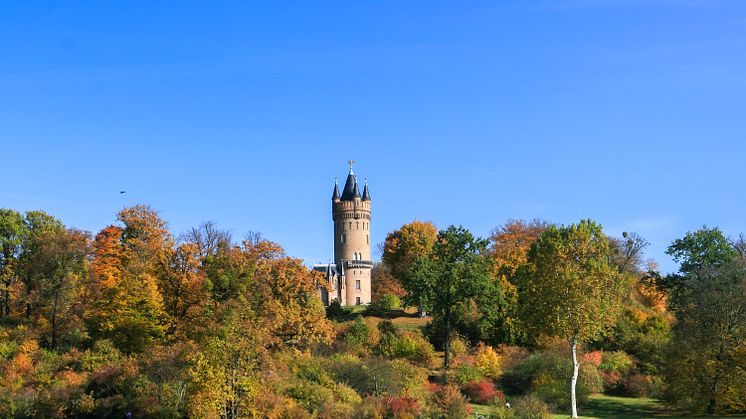 Der Flatow-Turm im herbstlichen Park Babelsberg. Von ihm aus hat man einen herrlichen Blick über Potsdam und auf die bunten Wälder in der Umgebung. Foto: TMB-Fotoarchiv/Steffen Lehmann.  