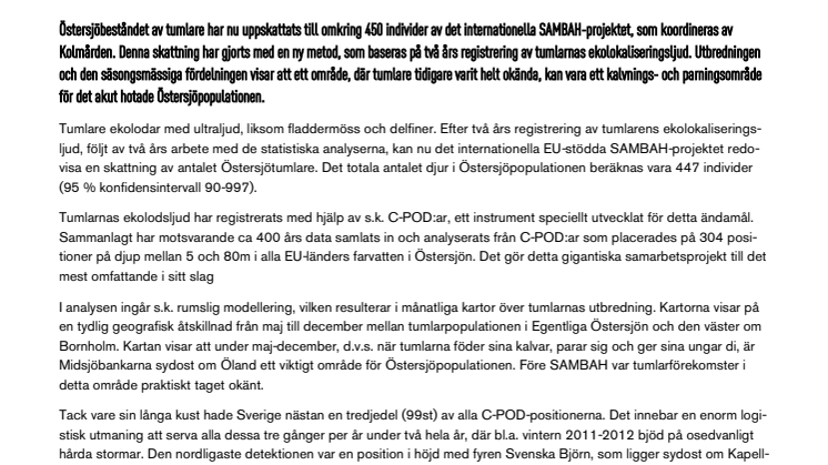 Potentiellt kalvningsområde identifierat för den akut hotade Östersjötumlaren