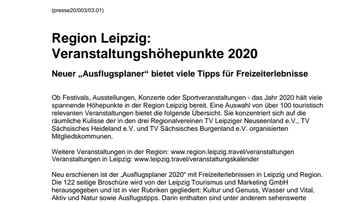 Leipzig Region lockt mit vielen Veranstaltungshöhepunkten in 2020
