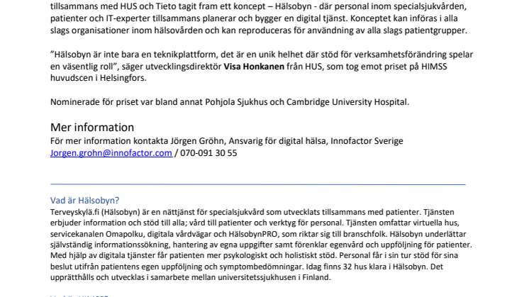 ​Det digitala sjukhuset Hälsobyn vann eftertraktat pris under HIMSS i Helsingfors