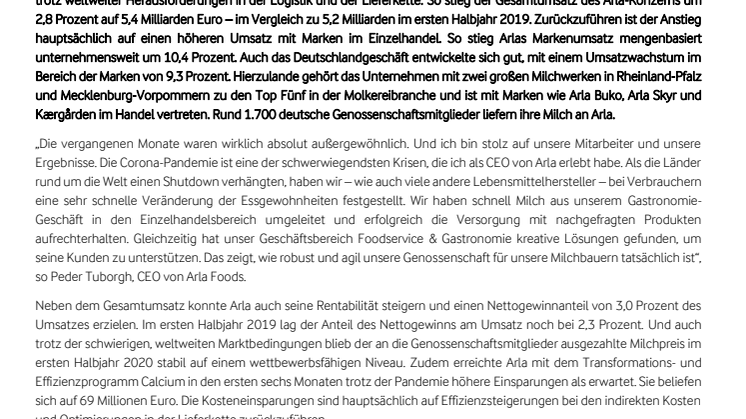 Halbjahresbilanz 2020: Arla erzielt als Genossenschaft starke Ergebnisse in Zeiten  der Pandemie