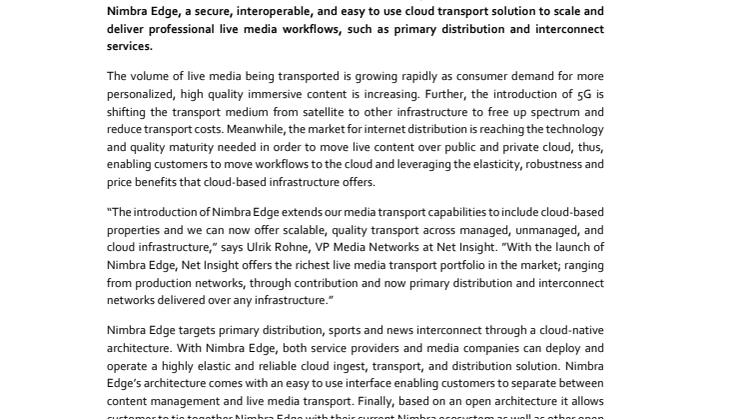 Net Insight launches Nimbra Edge  for elastic cloud-based live media transport