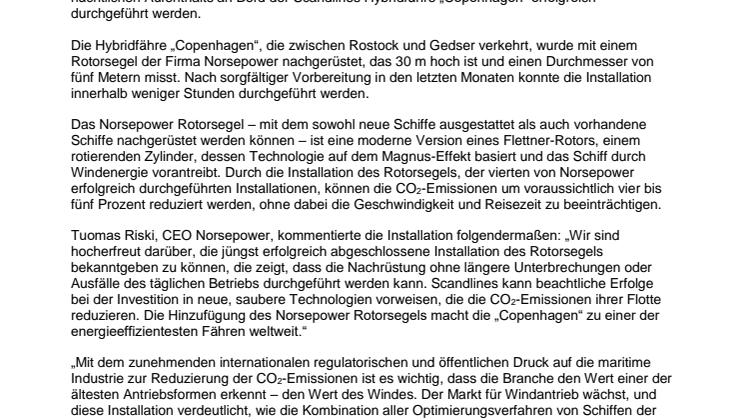 Scandlines Hybridfähre ab sofort mit Norsepower Rotorsegel unterwegs