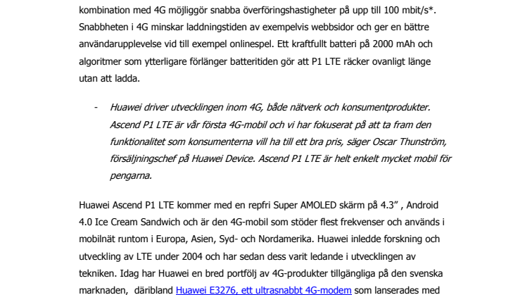 Huawei utökar 4G-erbjudande med Ascend P1 LTE