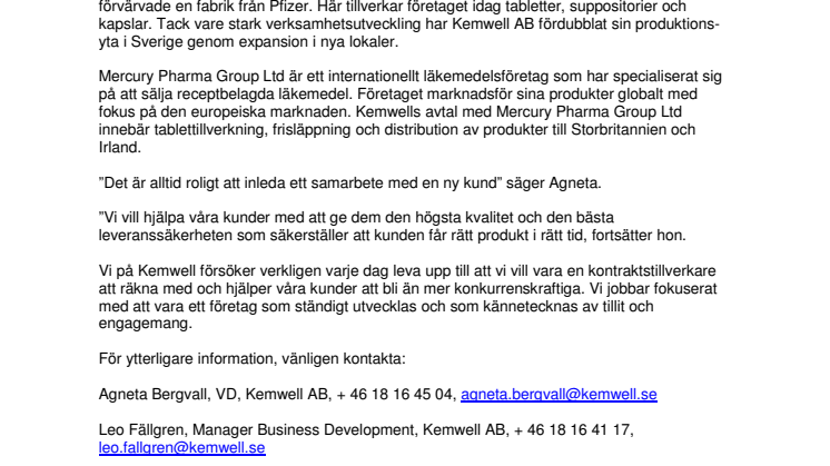 Kemwell skriver kontrakt med Mercury Pharma Group Ltd