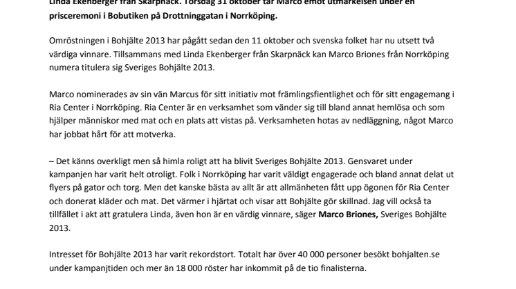Marco från Norrköping är Sveriges Bohjälte 2013