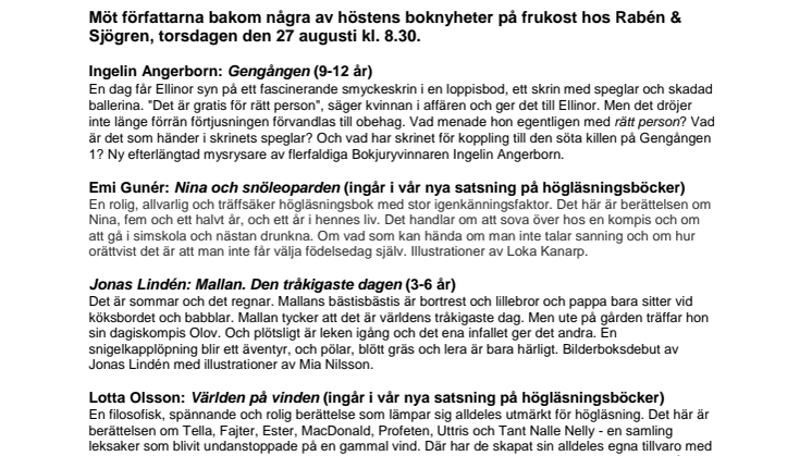 Rabén & Sjögren bjuder på bokfrukost torsdagen den 27 augusti 2015