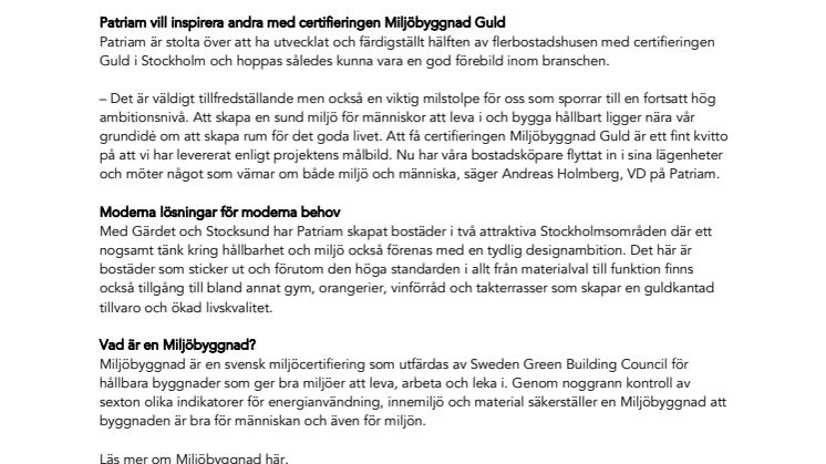 Patriam leder utvecklingen inom Miljöbyggnad Guld