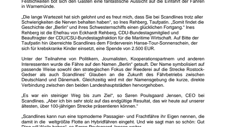 Scandlines’ neue Hybridfähre auf den Namen „Berlin“ getauft