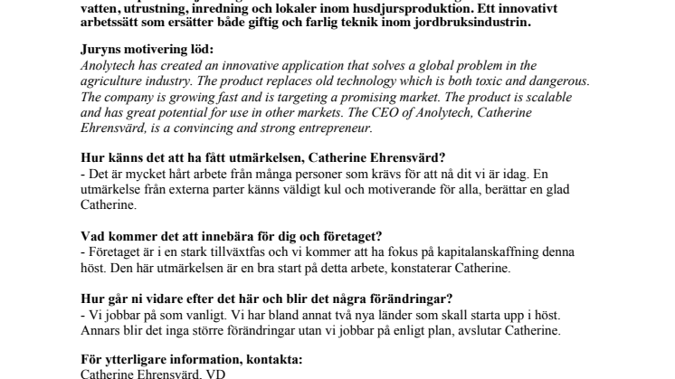 Anolytech - Cleantech Company of the Year Award 2012