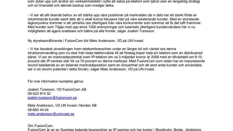 UN Invest köper 55 procent av det marknadsledande IPcentrex företaget FusionCom