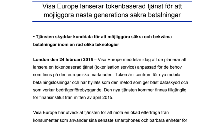 Visa Europe lanserar tokenbaserad tjänst för att möjliggöra nästa generations säkra betalningar