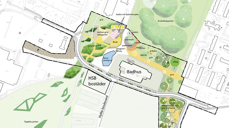 Relationskarta - bostäder, badhus och park.