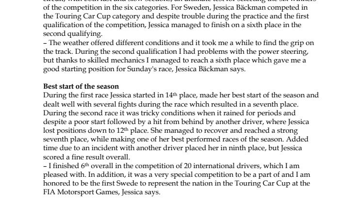 Jessica Bäckman top six in the Olympics of motorsport; FIA Motorsport Games