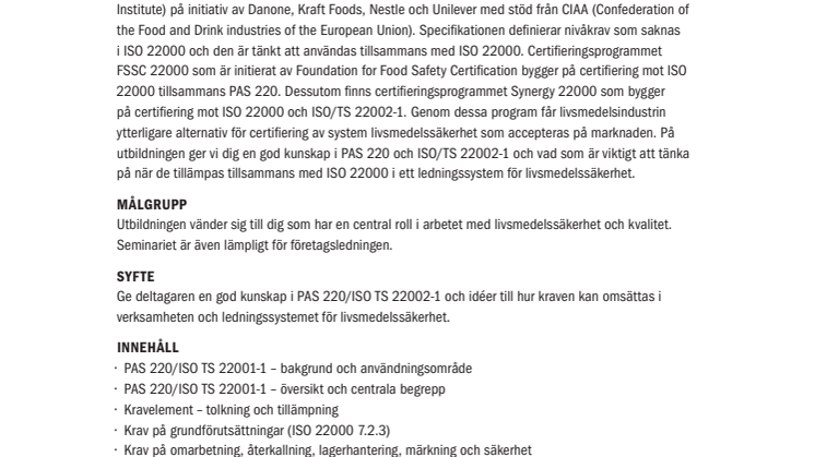 Förstå och tillämpa PAS 220 och ISO/TS 22002-1