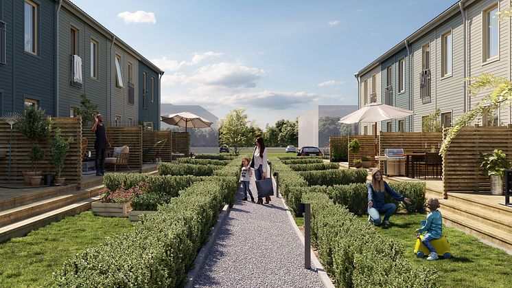 Radhusen i Brf Gimle har två uteplatser. Foto: 3D Nord 